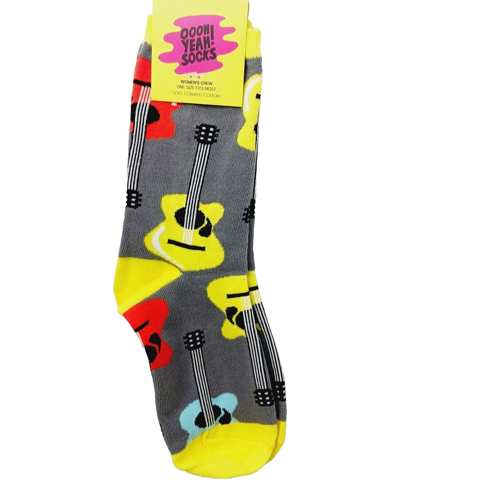 Women Boy Sock OOOH YEAH! Guitar Music Song Dance Strings Yellow Cotton NWT NEW